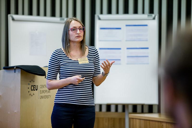 A professor lecturing on the CEU Budapest campus.